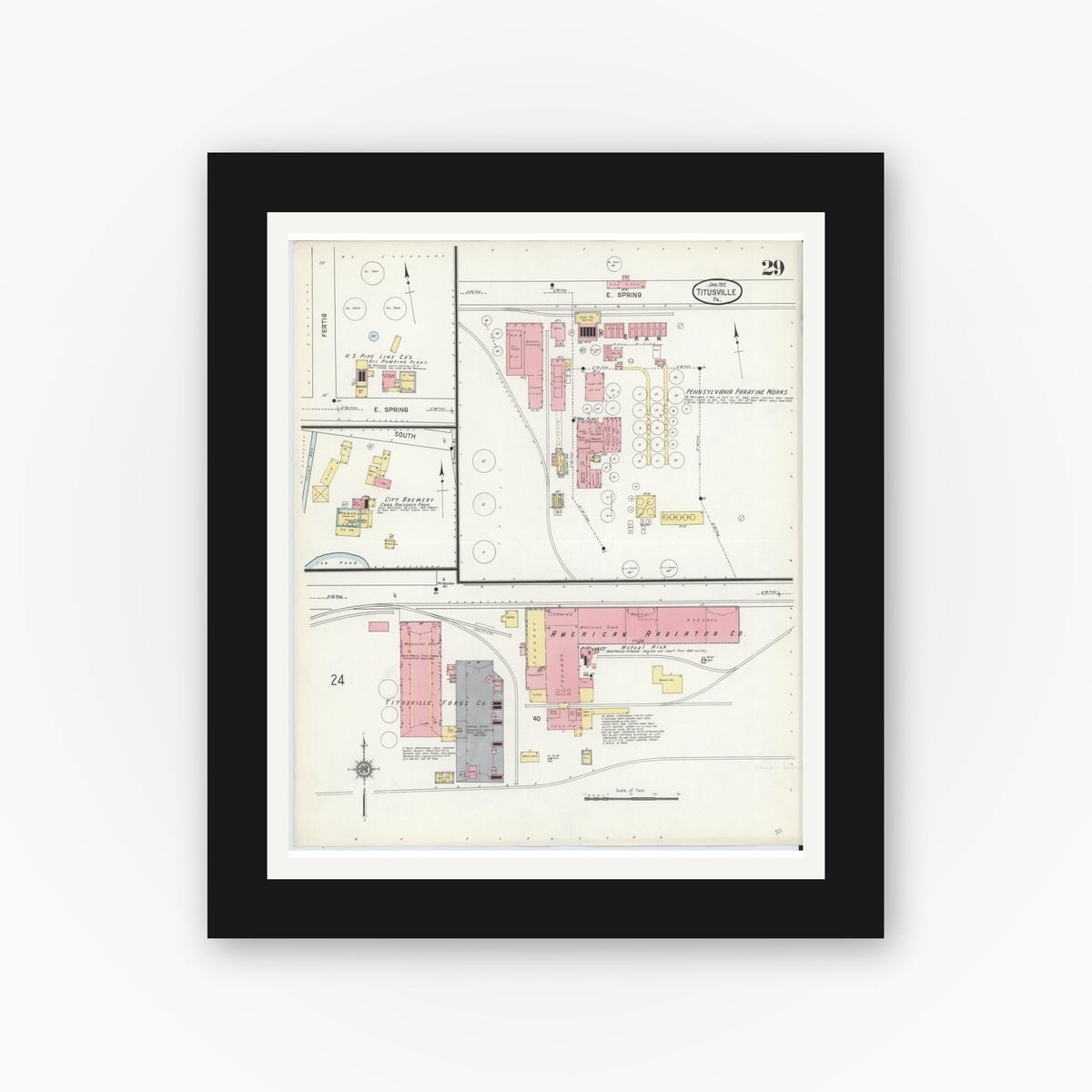 Old map wall art mockup — black gallery frame with white mat — Sanborn Fire Insurance Map from Titusville, Crawford County, Pennsylvania (1912), Sheet #0029