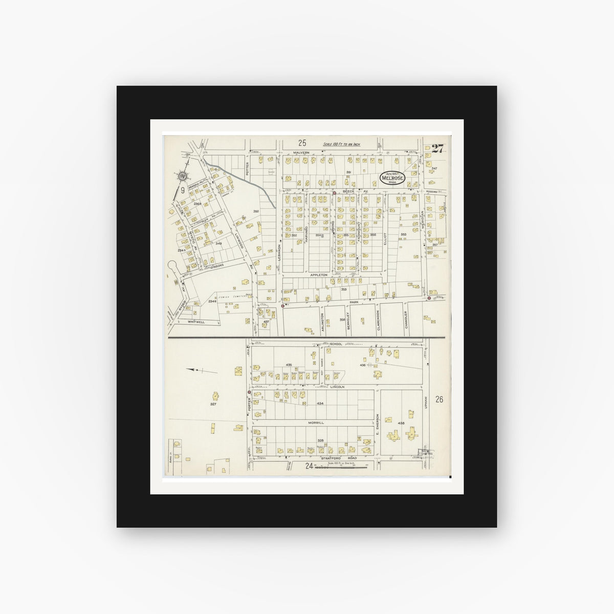 Old map wall art mockup — black gallery frame with white mat — Sanborn Fire Insurance Map from Melrose, Middlesex County, Massachusetts (1915), Sheet #0027