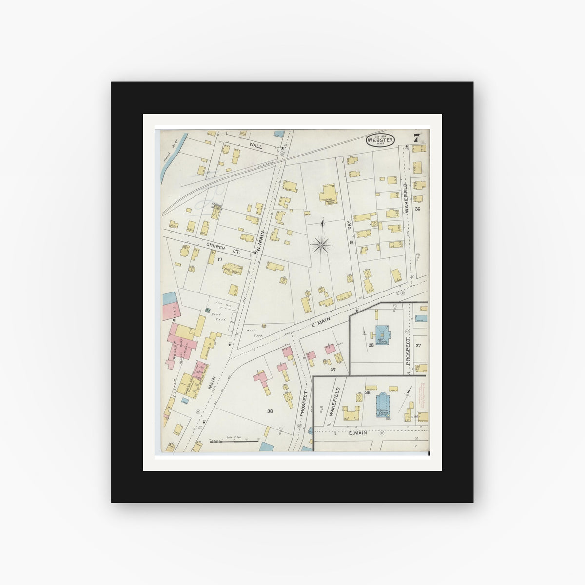 Old map wall art mockup — black gallery frame with white mat — Sanborn Fire Insurance Map from Webster, Worcester County, Massachusetts (1893), Sheet #0007