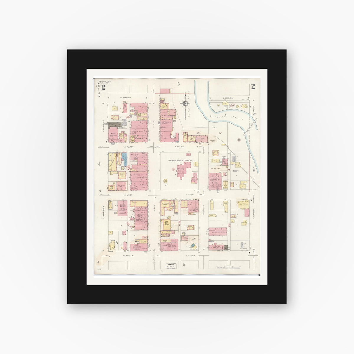 Old map wall art mockup — black gallery frame with white mat — Sanborn Fire Insurance Map from Waupaca, Waupaca County, Wisconsin (1941), Sheet #0002