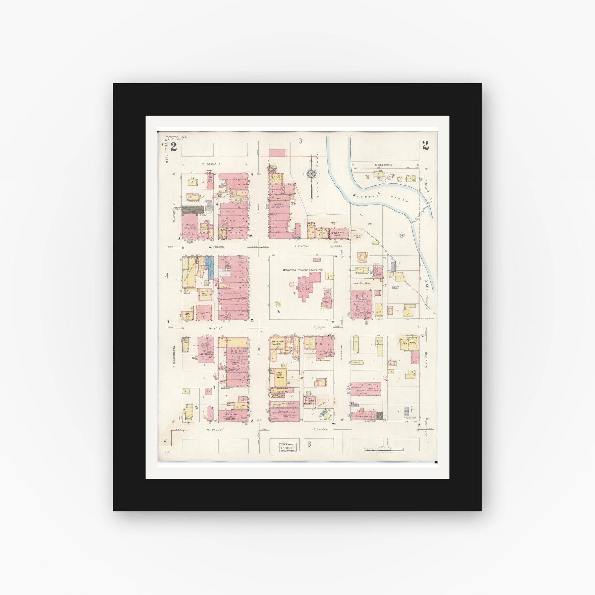 Old map wall art mockup — black gallery frame with white mat — Sanborn Fire Insurance Map from Waupaca, Waupaca County, Wisconsin (1941), Sheet #0002
