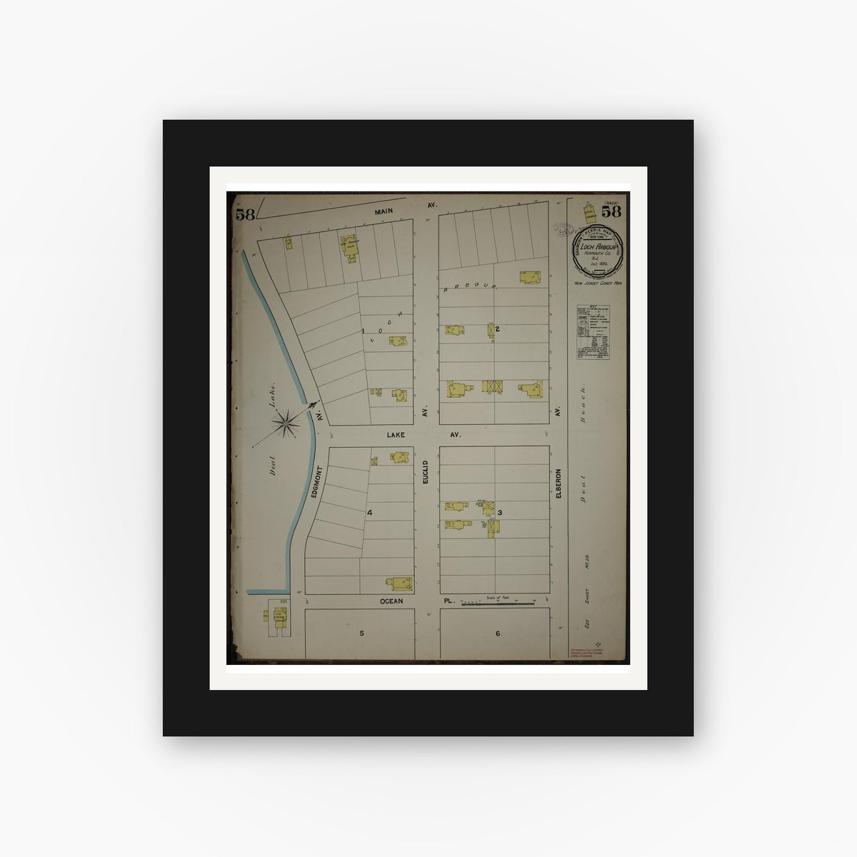Old map wall art mockup — black gallery frame with white mat — Sanborn Fire Insurance Map from New Jersey Coast, New Jersey Coast, New Jersey (1890), Sheet #0058