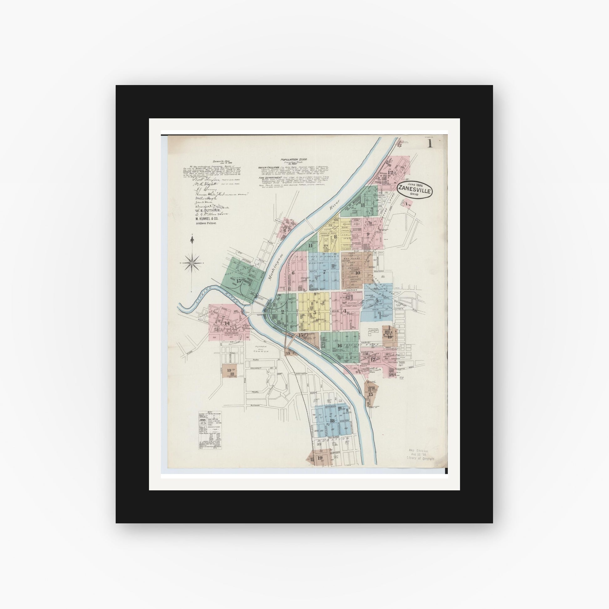 Old map wall art mockup — black gallery frame with white mat — Sanborn Fire Insurance Map from Zanesville, Muskingum County, Ohio (1886) - Complete Map Set