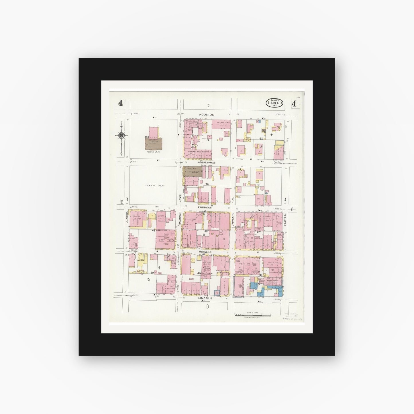 Old map wall art mockup — black gallery frame with white mat — Sanborn Fire Insurance Map from Laredo, Webb County, Texas (1925), Sheet #0004