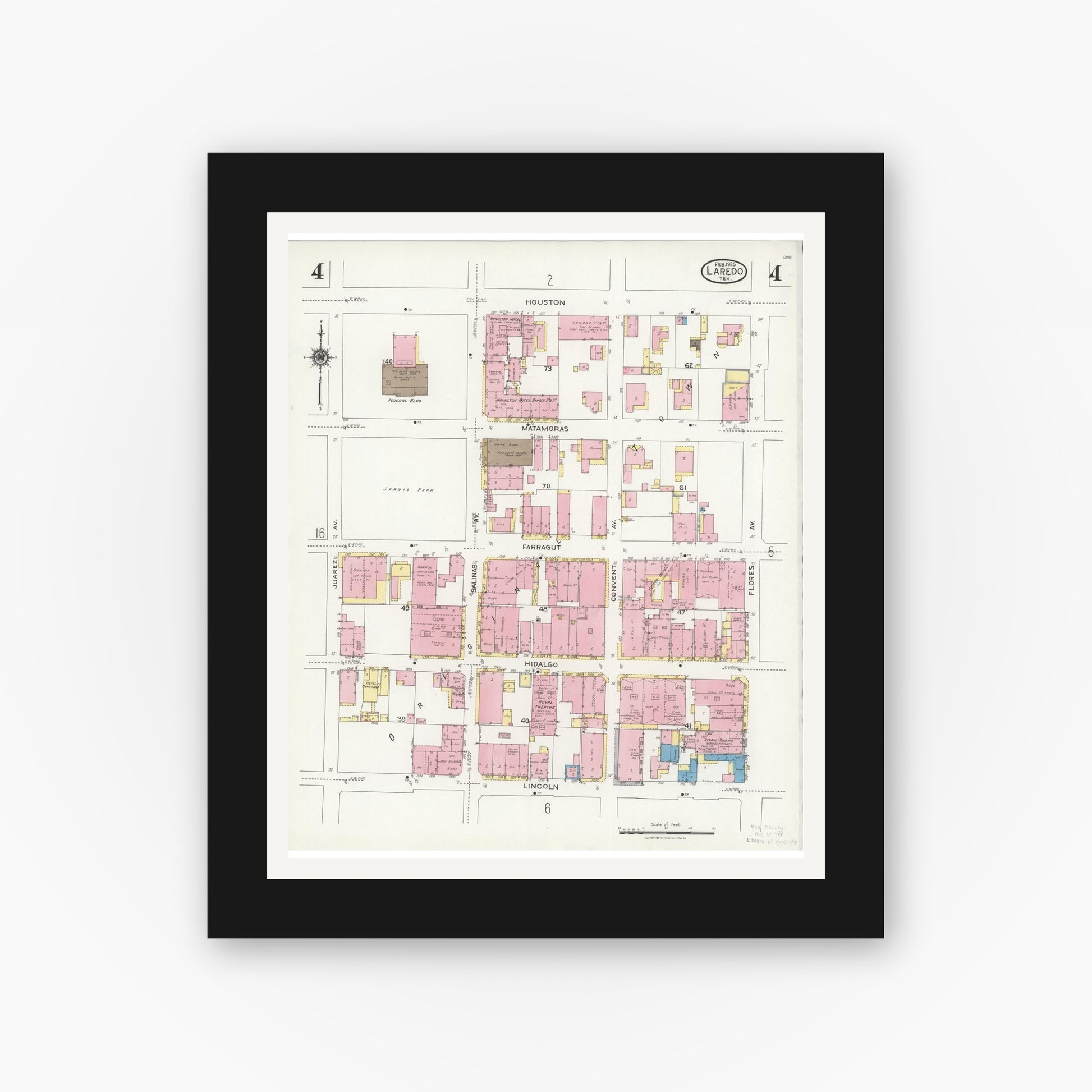 Old map wall art mockup — black gallery frame with white mat — Sanborn Fire Insurance Map from Laredo, Webb County, Texas (1925), Sheet #0004