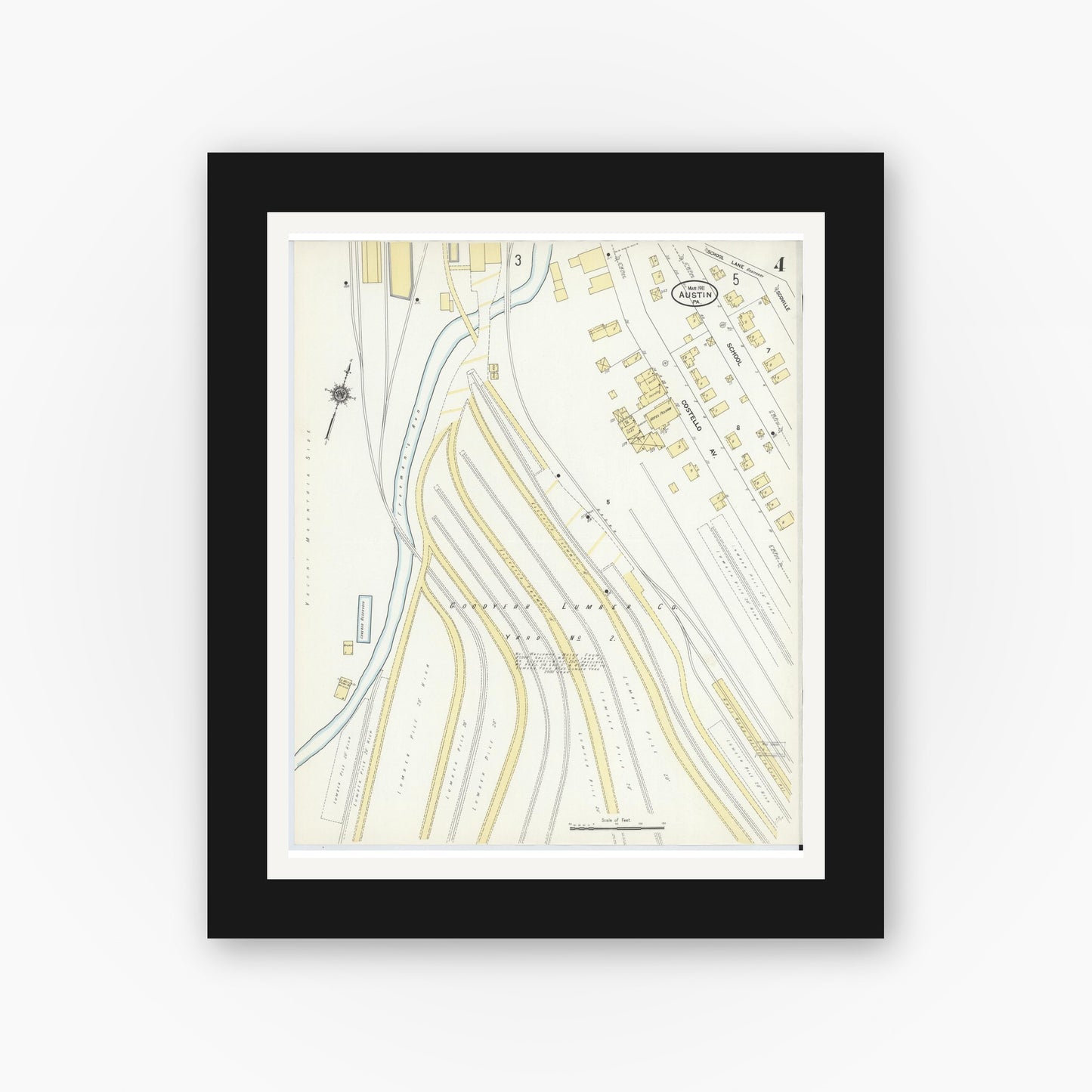 Old map wall art mockup — black gallery frame with white mat — Sanborn Fire Insurance Map from Austin, Potter County, Pennsylvania (1911), Sheet #0004