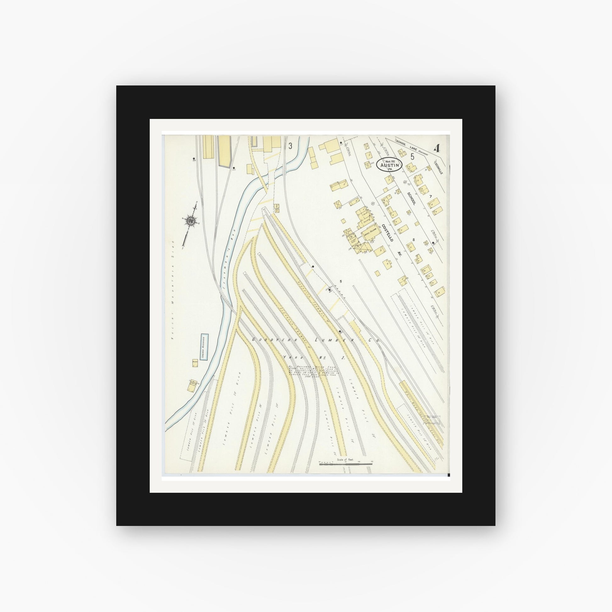 Old map wall art mockup — black gallery frame with white mat — Sanborn Fire Insurance Map from Austin, Potter County, Pennsylvania (1911), Sheet #0004