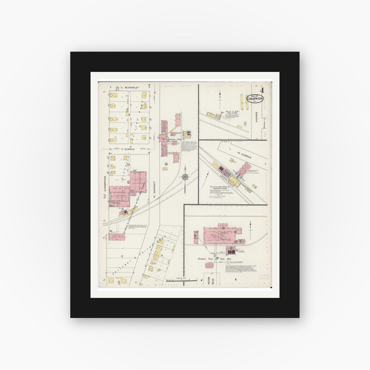 Old map wall art mockup — black gallery frame with white mat — Sanborn Fire Insurance Map from Champaign, Champaign County, Illinois (1915), Sheet #0004