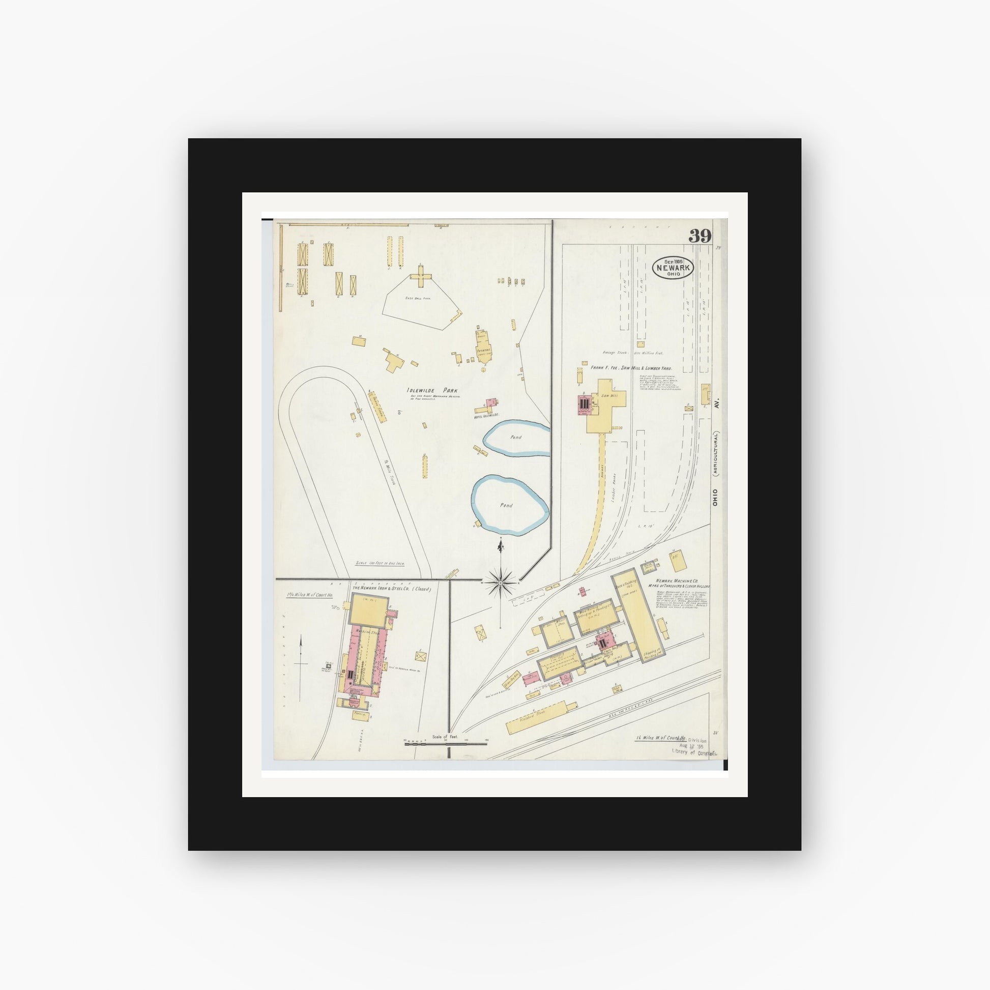 Old map wall art mockup — black gallery frame with white mat — Sanborn Fire Insurance Map from Newark, Licking County, Ohio (1905), Sheet #0039