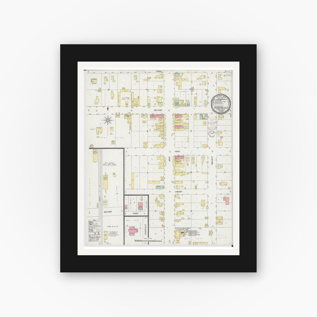 Old map wall art mockup — black gallery frame with white mat — Sanborn Fire Insurance Map from Versailles, Brown County, Illinois (1900), Sheet #0001