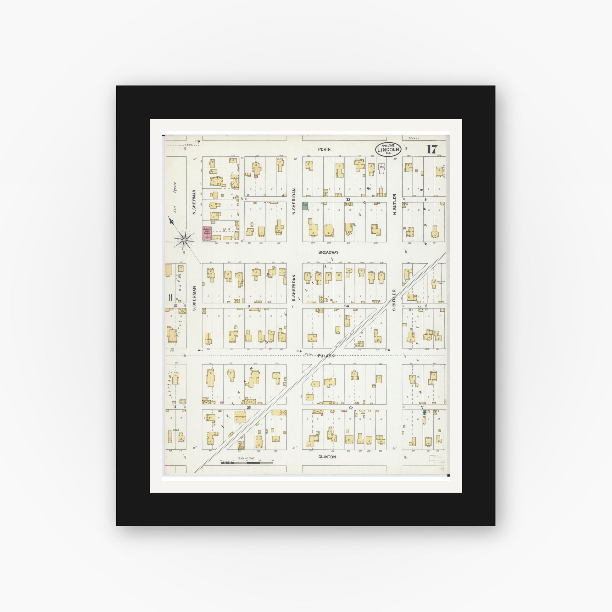 Old map wall art mockup — black gallery frame with white mat — Sanborn Fire Insurance Map from Lincoln, Logan County, Illinois (1902), Sheet #0017