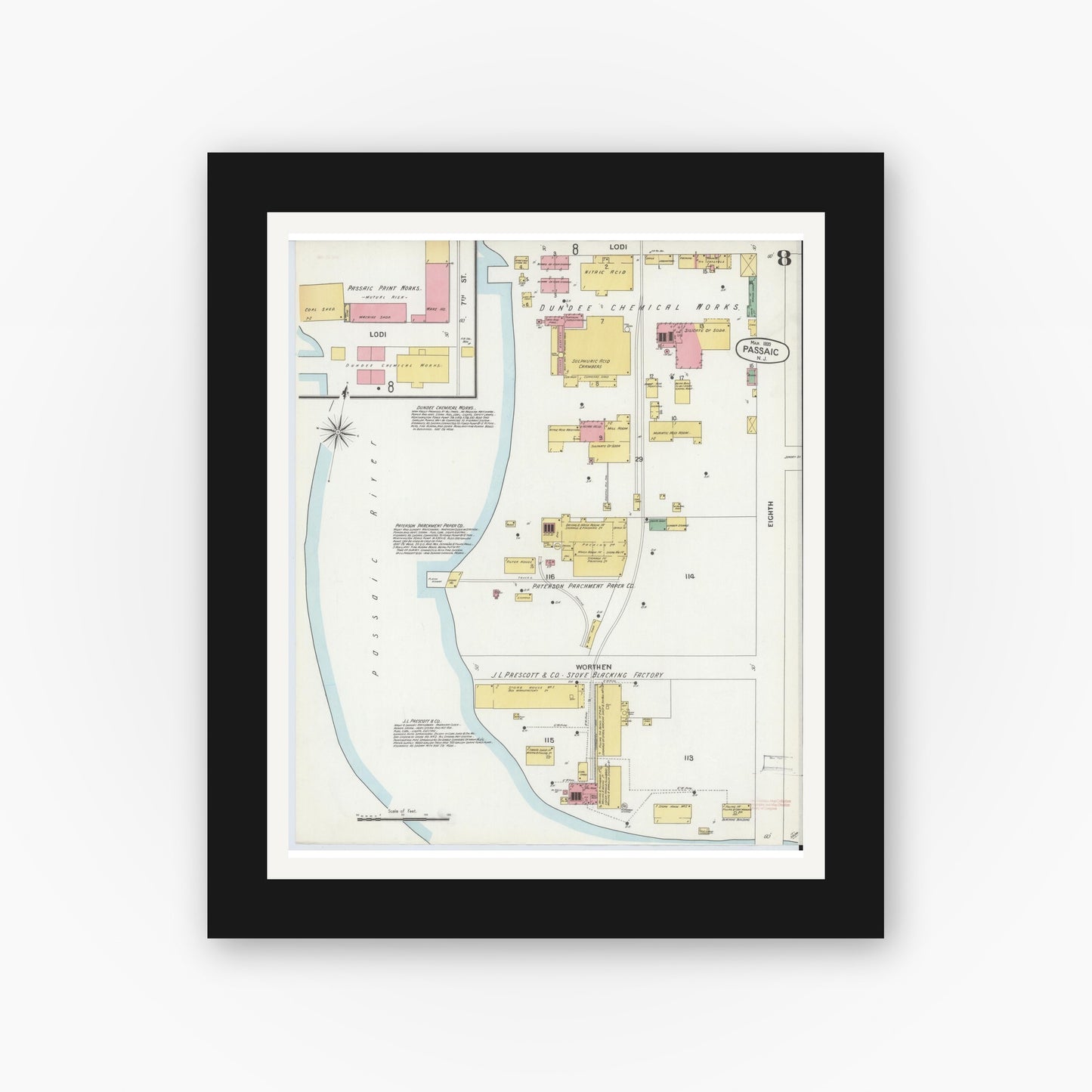 Old map wall art mockup — black gallery frame with white mat — Sanborn Fire Insurance Map from Passaic, Passaic County, New Jersey (1899), Sheet #0008