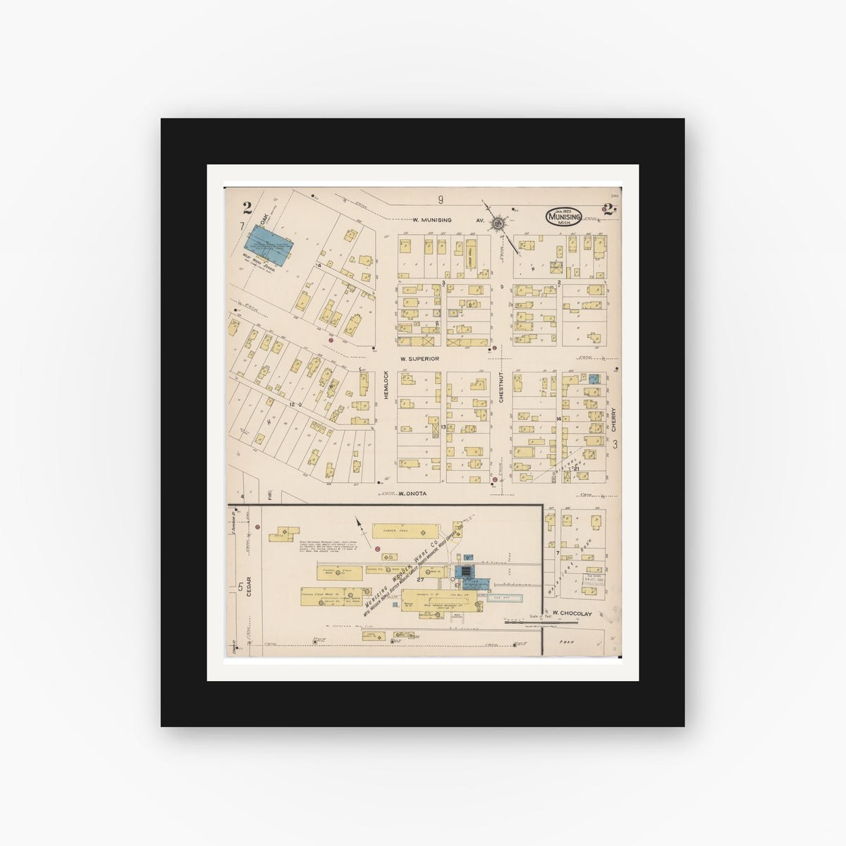 Old map wall art mockup — black gallery frame with white mat — Sanborn Fire Insurance Map from Munising, Alger County, Michigan (1923), Sheet #0002