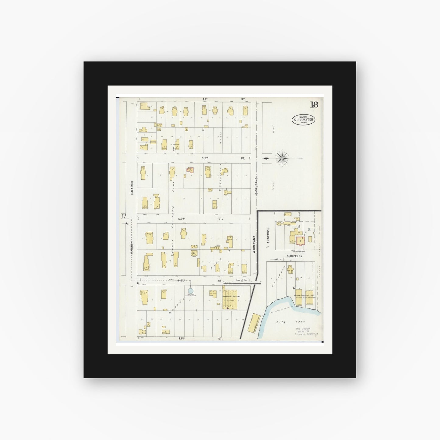 Old map wall art mockup — black gallery frame with white mat — Sanborn Fire Insurance Map from Stillwater, Washington County, Minnesota (1898), Sheet #0018