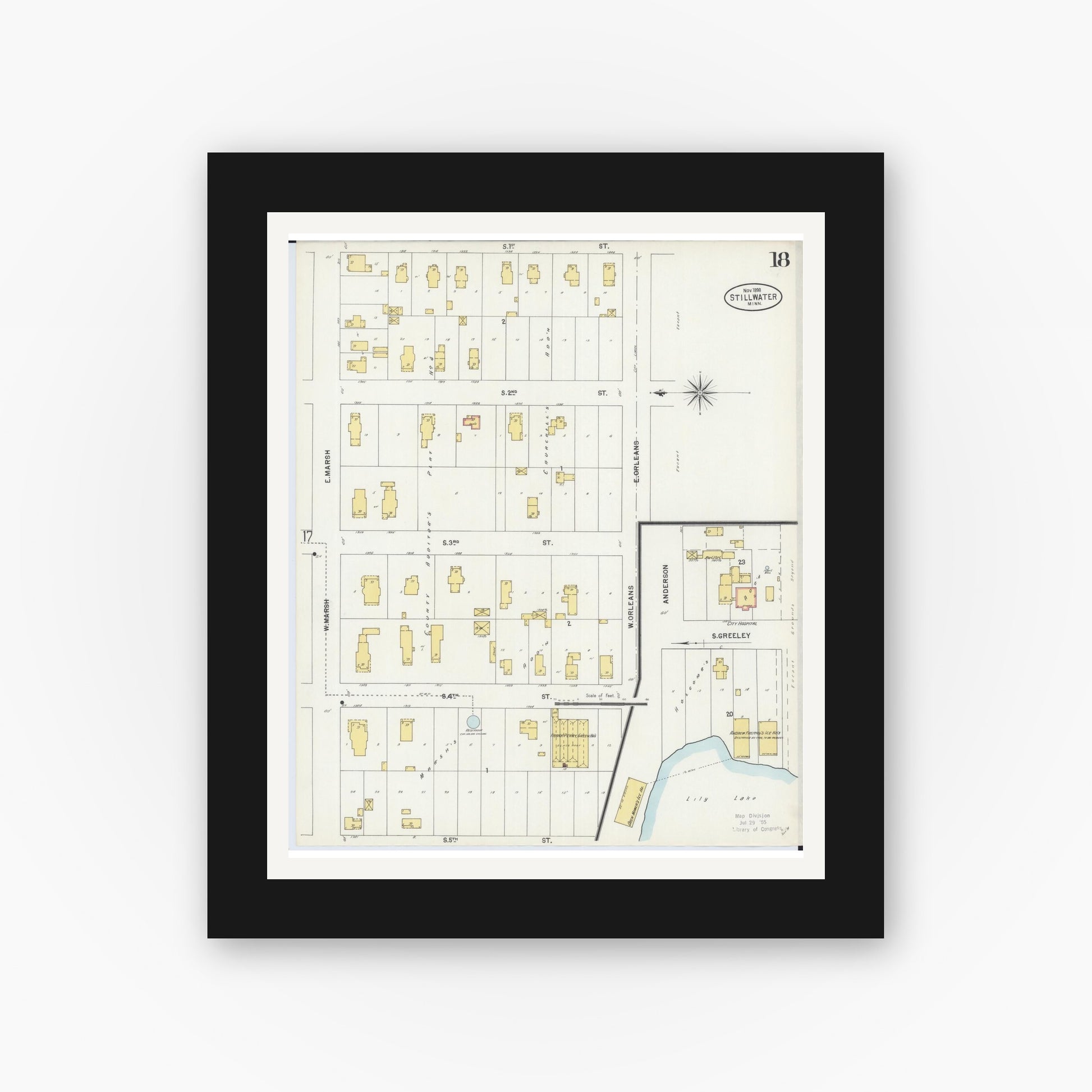 Old map wall art mockup — black gallery frame with white mat — Sanborn Fire Insurance Map from Stillwater, Washington County, Minnesota (1898), Sheet #0018