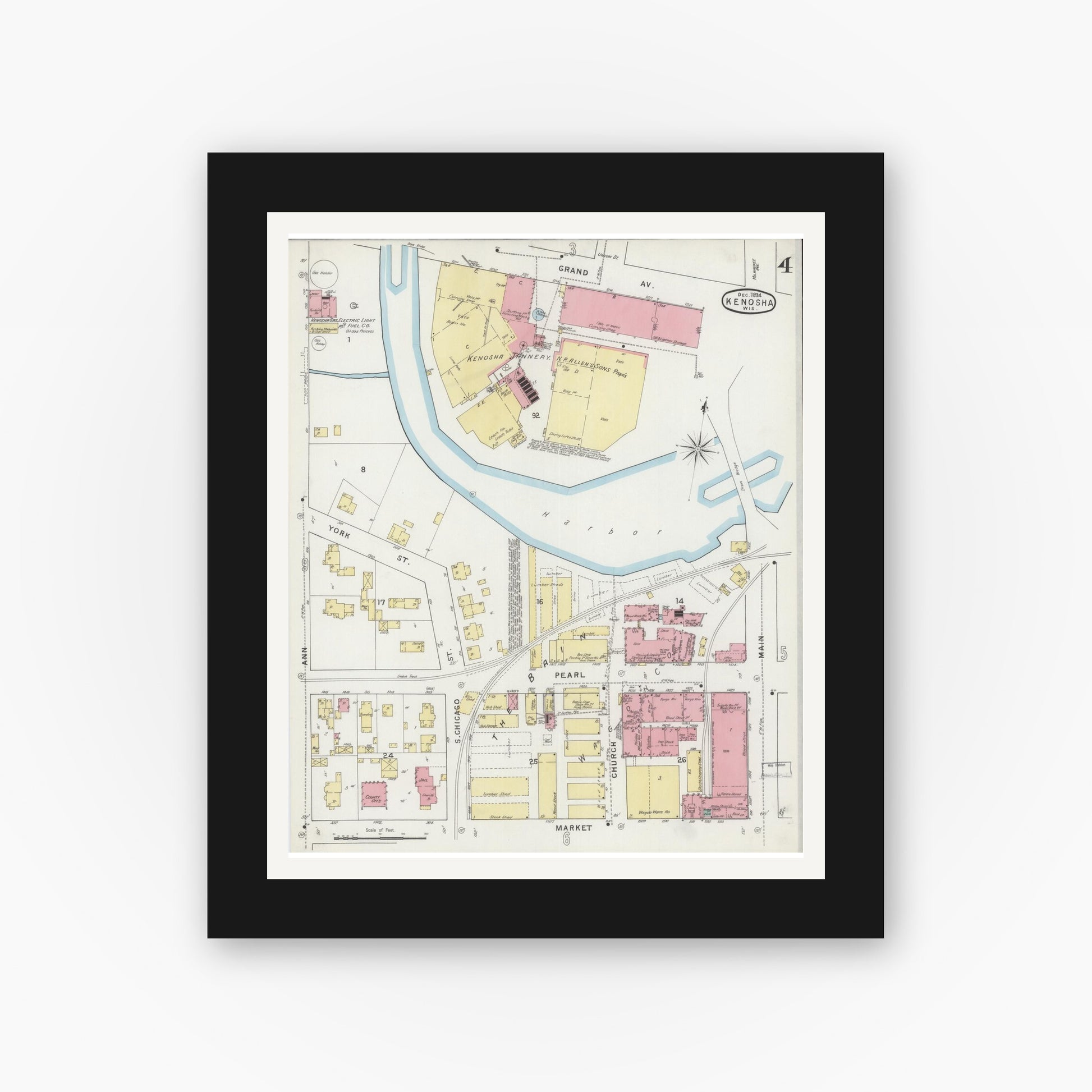 Old map wall art mockup — black gallery frame with white mat — Sanborn Fire Insurance Map from Kenosha, Kenosha County, Wisconsin (1894), Sheet #0004