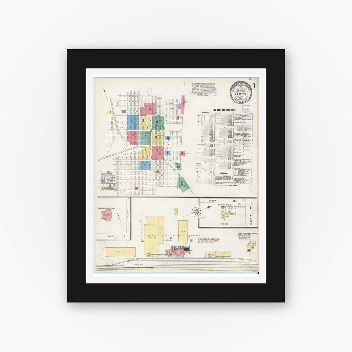 Old map wall art mockup — black gallery frame with white mat — Sanborn Fire Insurance Map from Temple, Bell County, Texas (1905), Sheet #0001