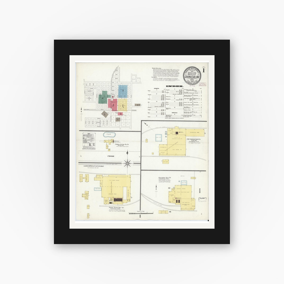 Old map wall art mockup — black gallery frame with white mat — Sanborn Fire Insurance Map from Grand Saline, Van Zandt County, Texas (1909), Sheet #0001