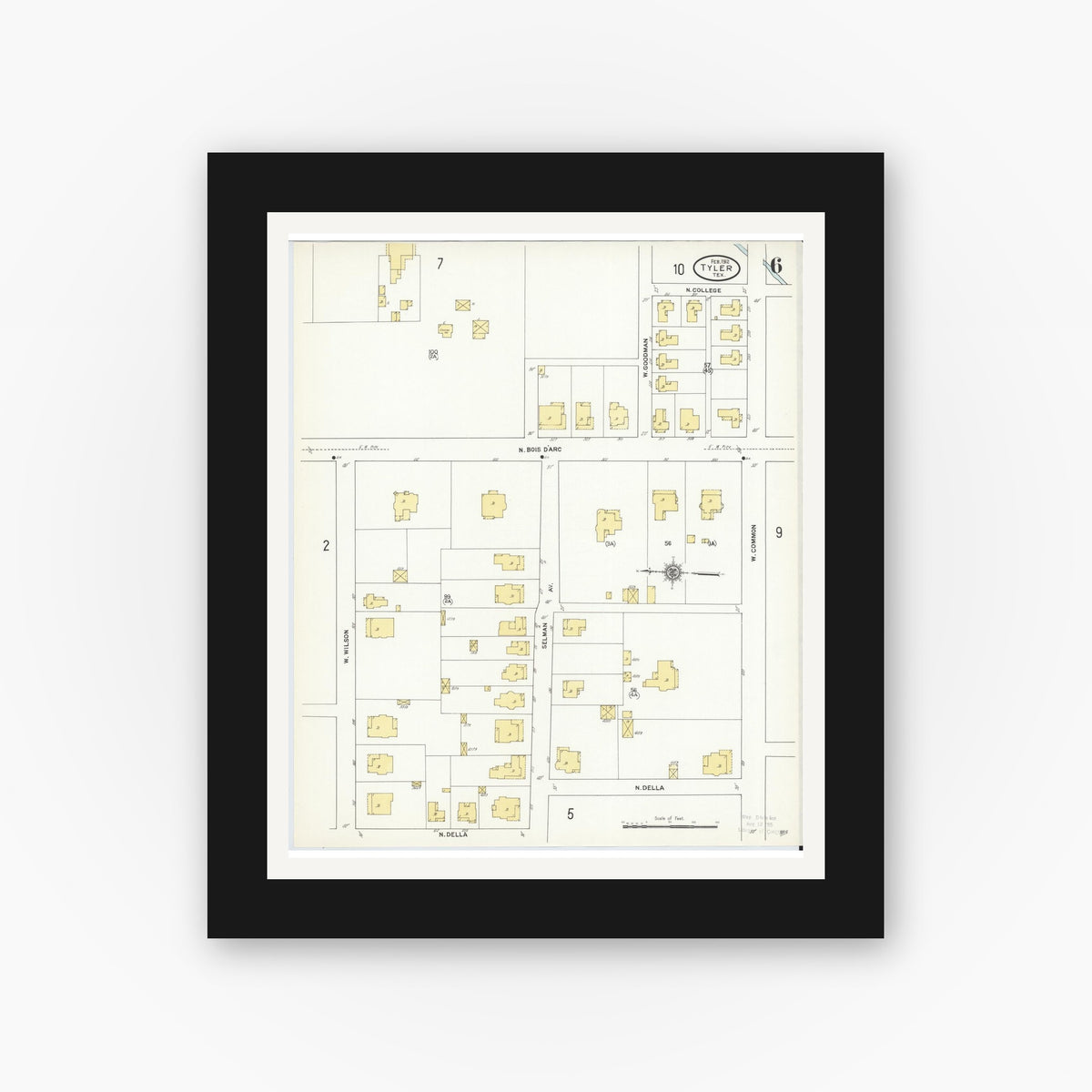 Old map wall art mockup — black gallery frame with white mat — Sanborn Fire Insurance Map from Tyler, Smith County, Texas (1912), Sheet #0006
