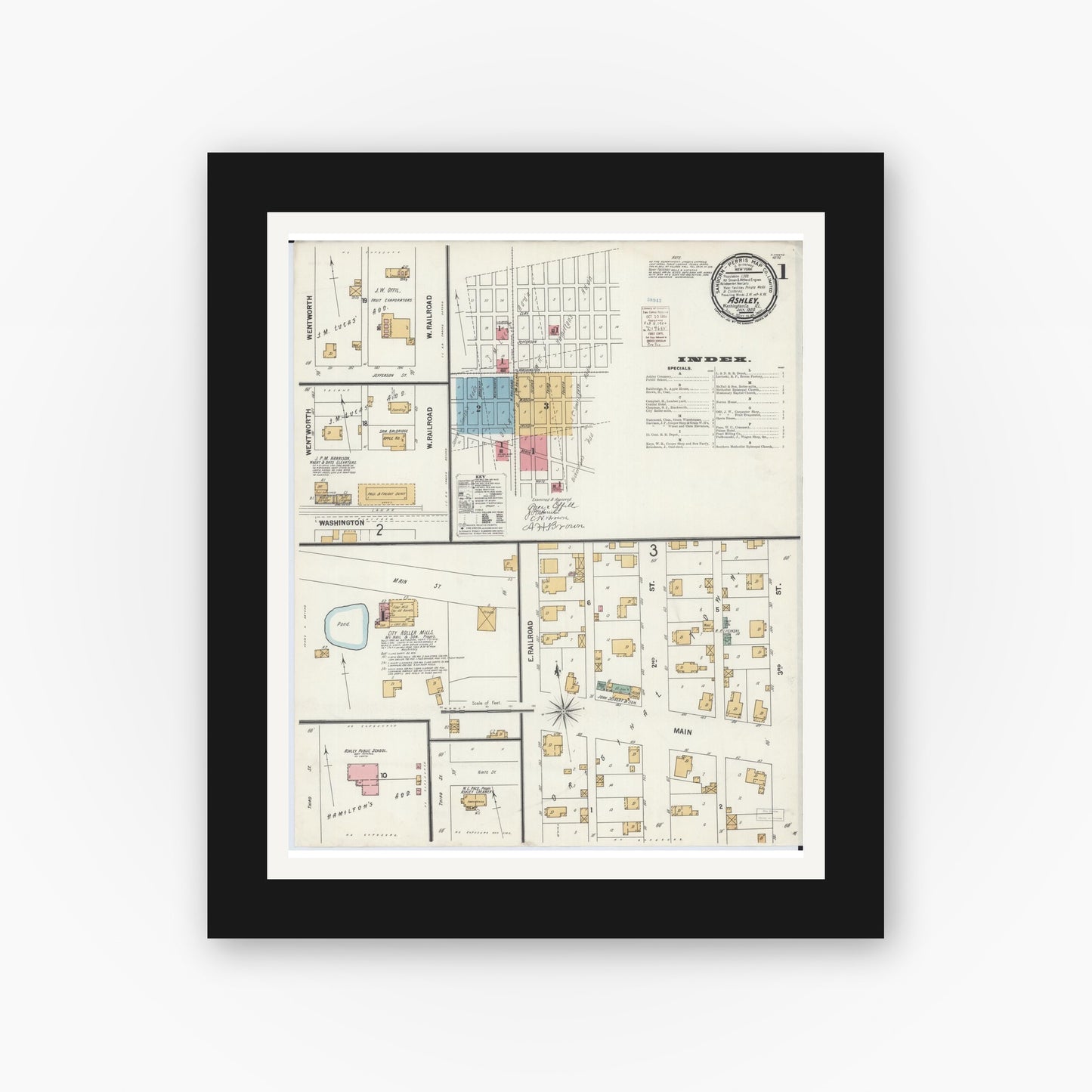 Old map wall art mockup — black gallery frame with white mat — Sanborn Fire Insurance Map from Ashley, Washington County, Illinois (1900) - Complete Map Set
