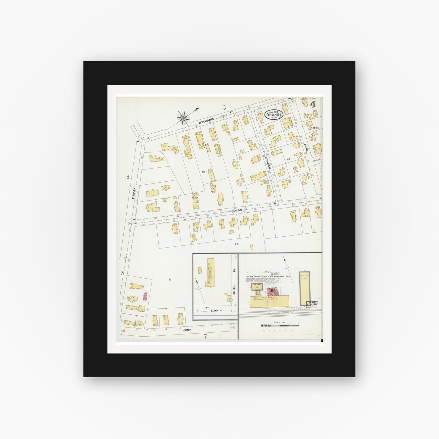 Old map wall art mockup — black gallery frame with white mat — Sanborn Fire Insurance Map from Orange, Franklin County, Massachusetts (1905), Sheet #0004