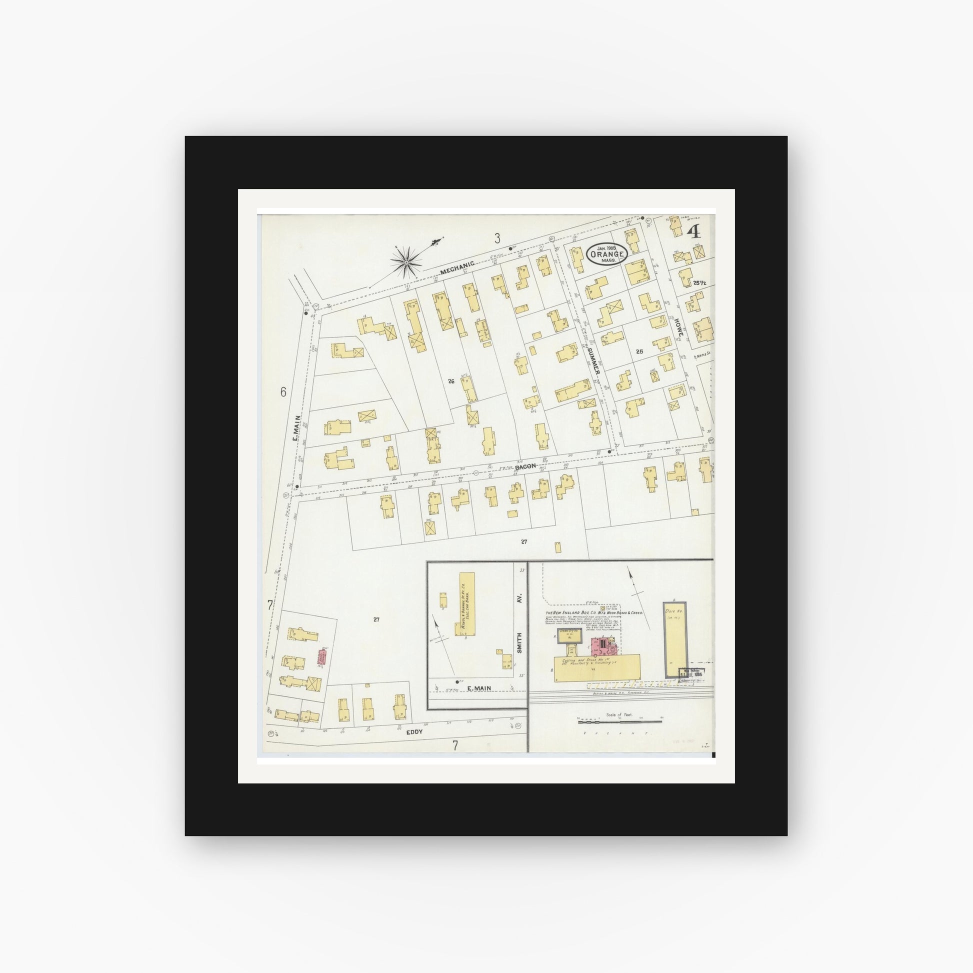 Old map wall art mockup — black gallery frame with white mat — Sanborn Fire Insurance Map from Orange, Franklin County, Massachusetts (1905), Sheet #0004
