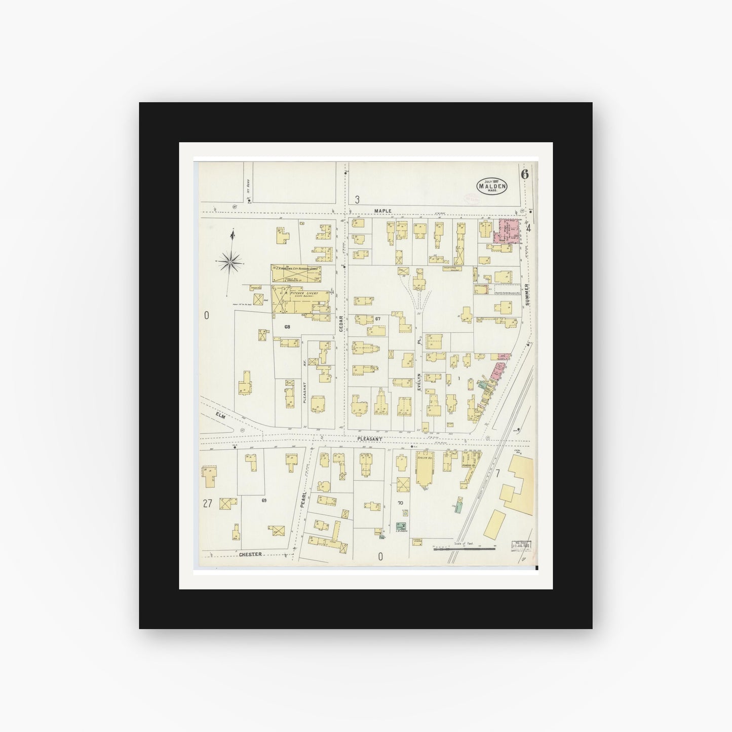 Old map wall art mockup — black gallery frame with white mat — Sanborn Fire Insurance Map from Malden, Middlesex County, Massachusetts (1897), Sheet #0006