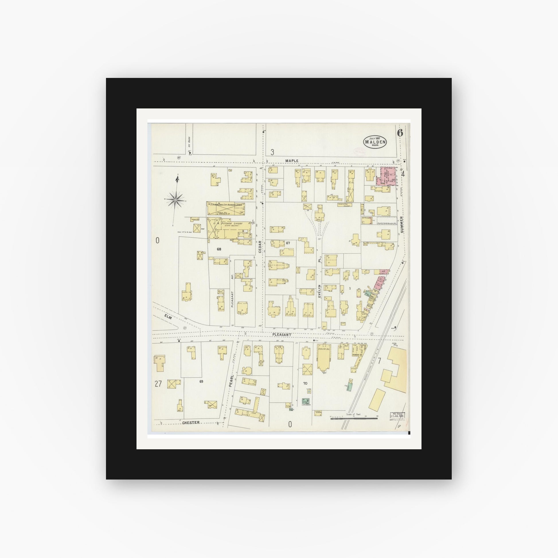 Old map wall art mockup — black gallery frame with white mat — Sanborn Fire Insurance Map from Malden, Middlesex County, Massachusetts (1897), Sheet #0006