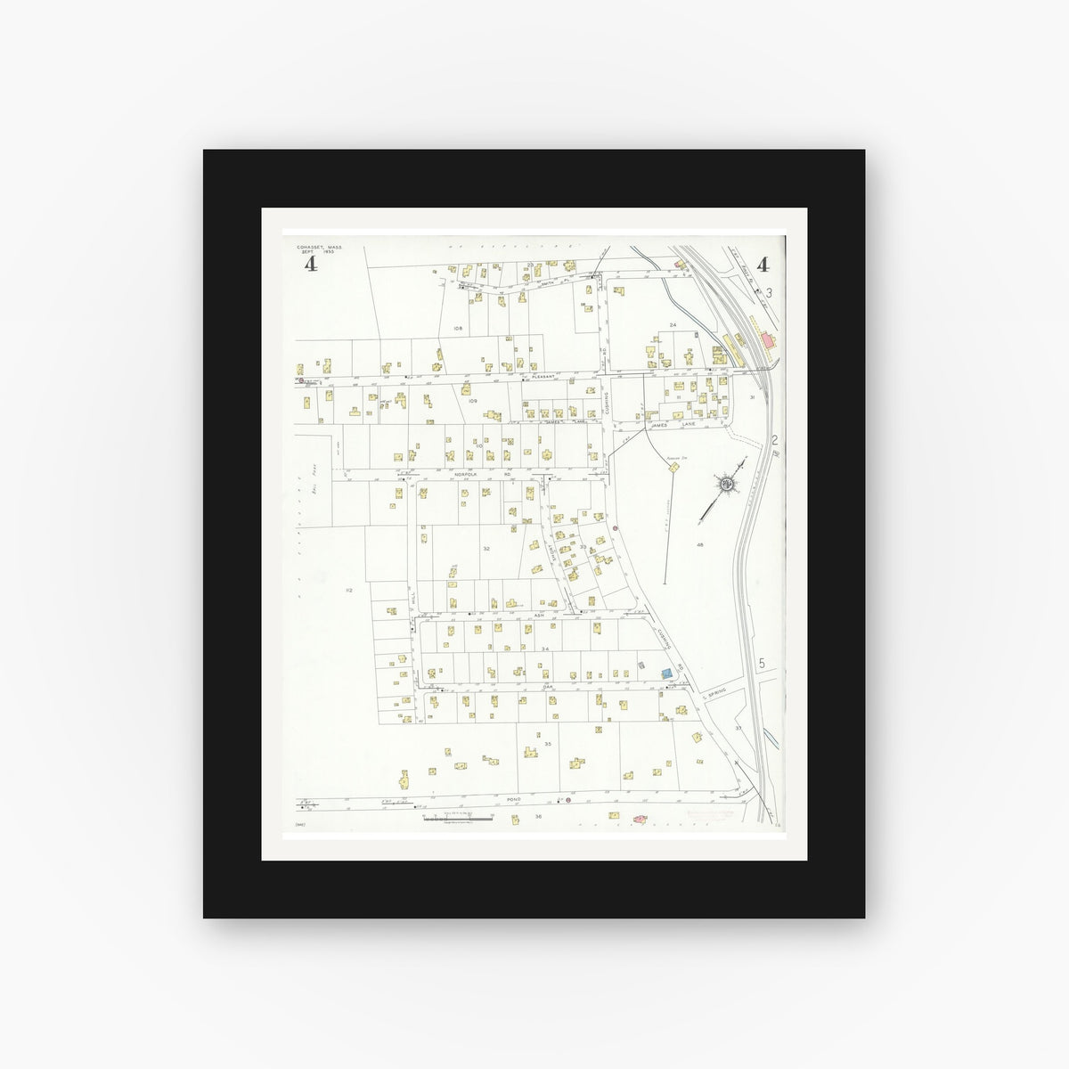 Old map wall art mockup — black gallery frame with white mat — Sanborn Fire Insurance Map from Cohasset, Norfolk County, Massachusetts (1935), Sheet #0004