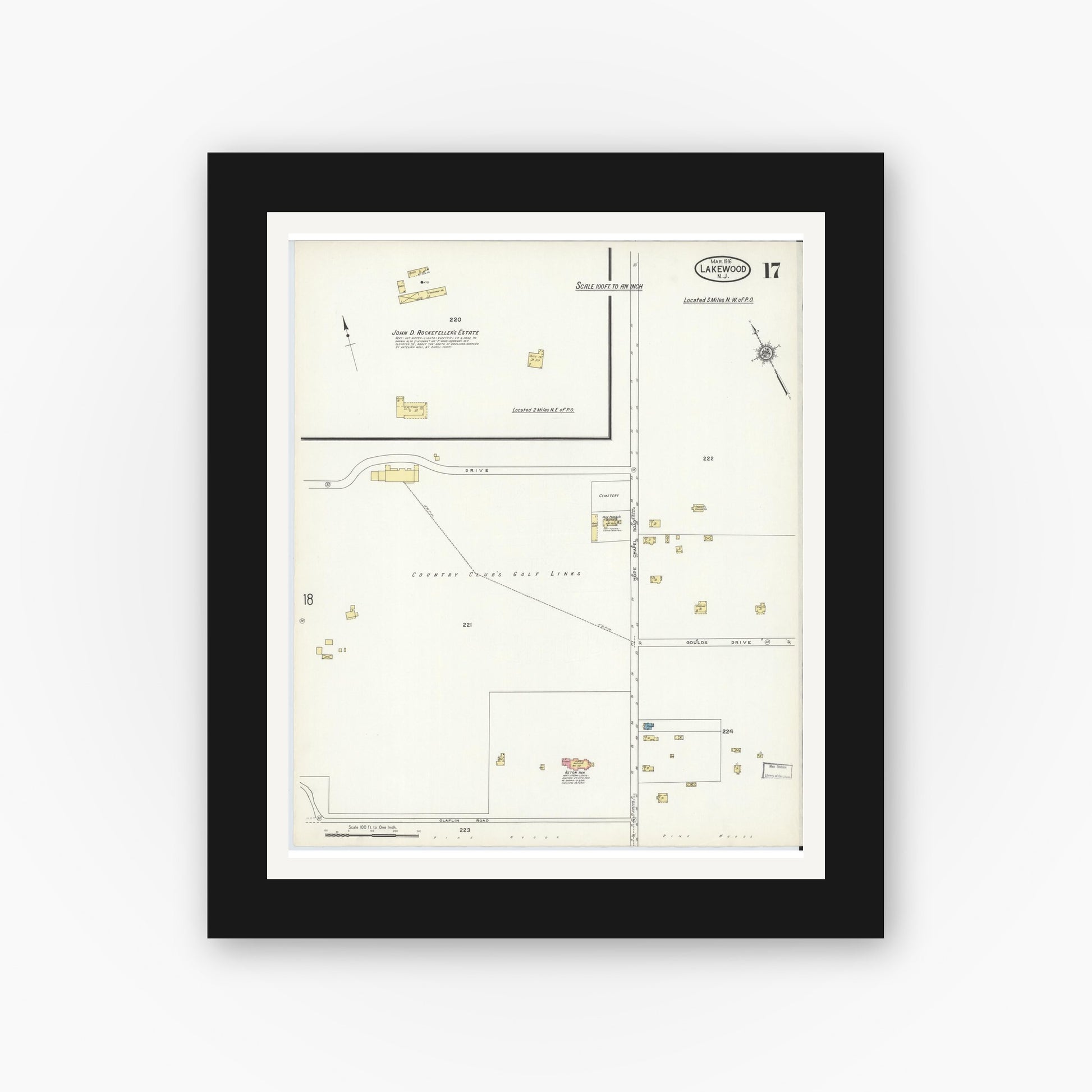 Old map wall art mockup — black gallery frame with white mat — Sanborn Fire Insurance Map from Lakewood, Ocean County, New Jersey (1916), Sheet #0017