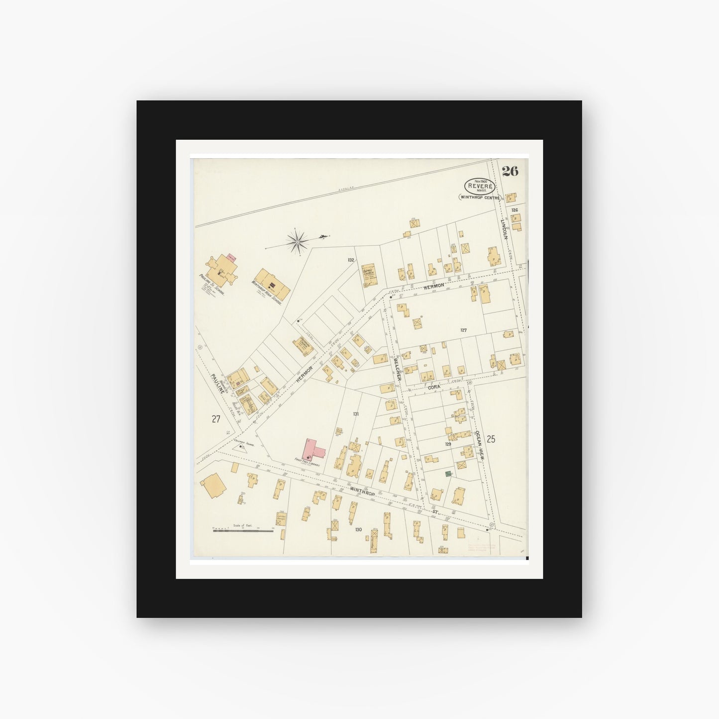 Old map wall art mockup — black gallery frame with white mat — Sanborn Fire Insurance Map from Revere, Suffolk County, Massachusetts (1900), Sheet #0026