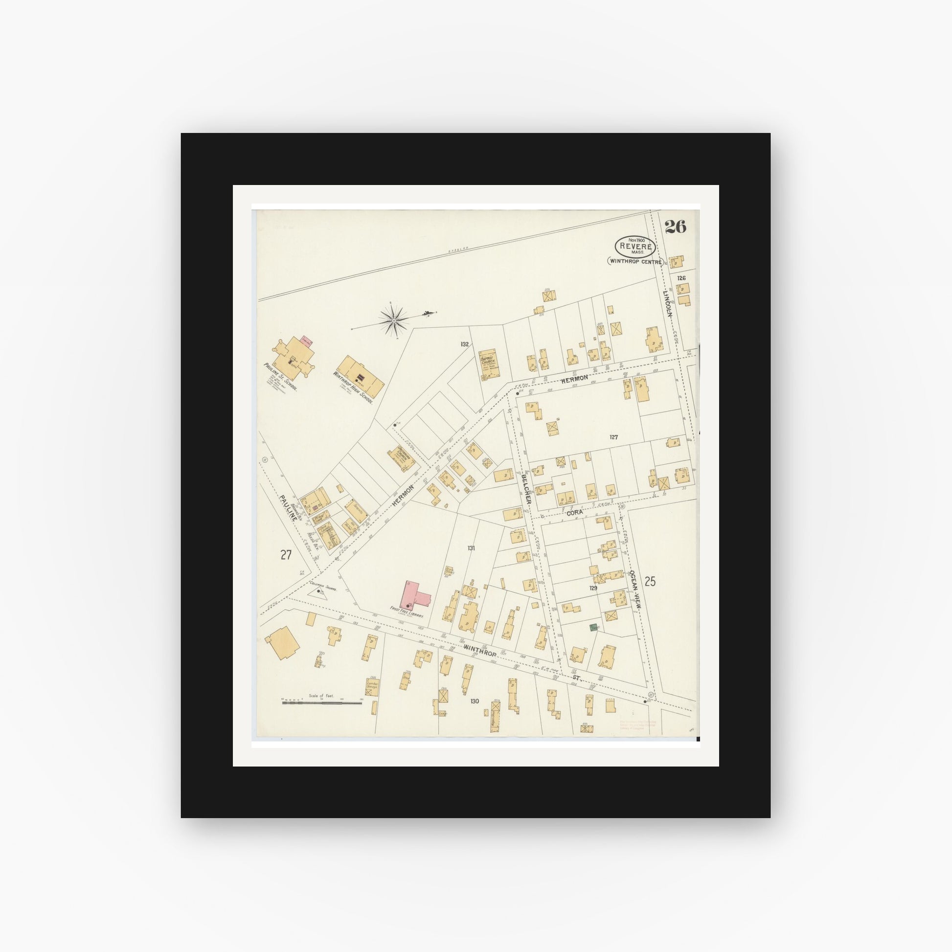 Old map wall art mockup — black gallery frame with white mat — Sanborn Fire Insurance Map from Revere, Suffolk County, Massachusetts (1900), Sheet #0026