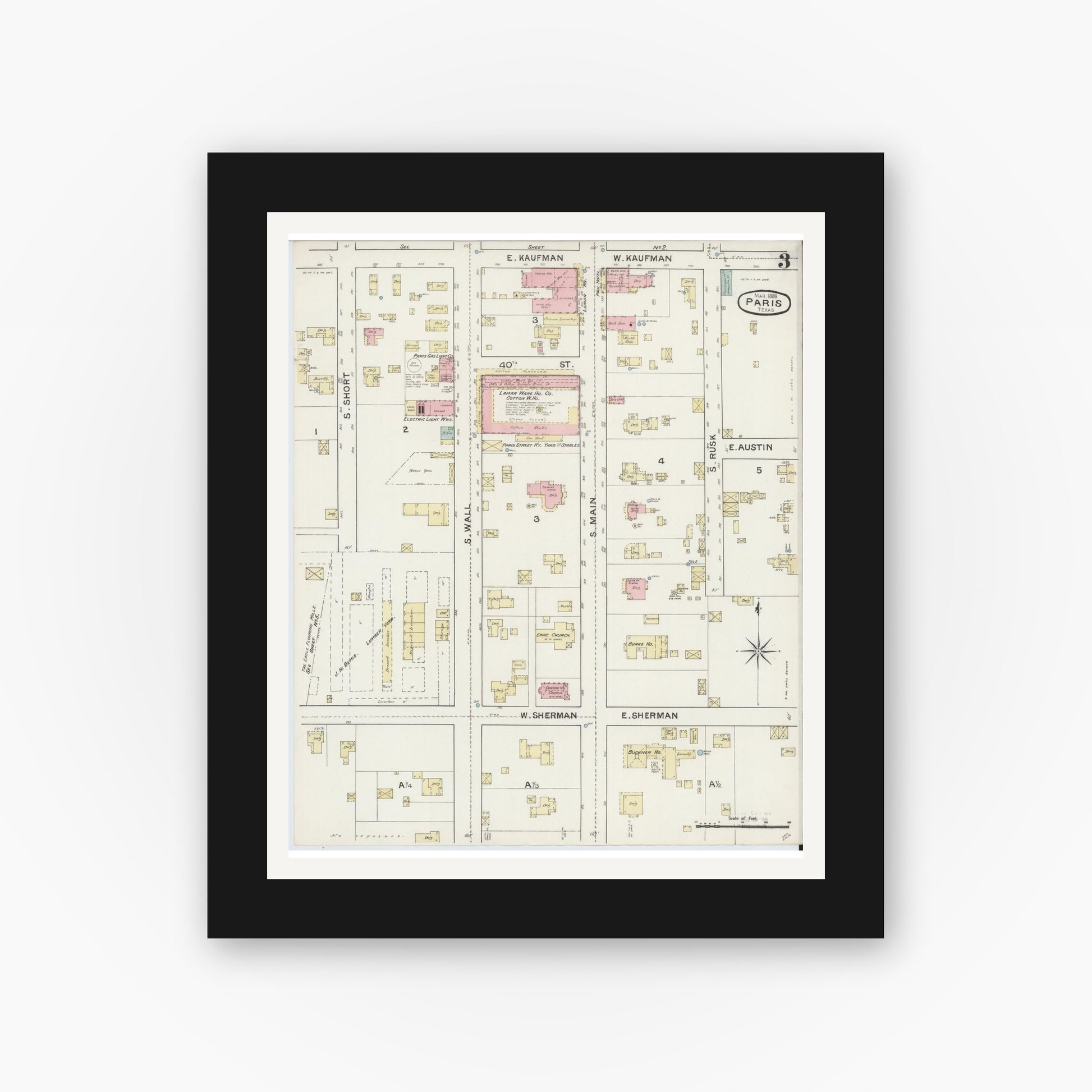 Old map wall art mockup — black gallery frame with white mat — Sanborn Fire Insurance Map from Paris, Lamar County, Texas (1888), Sheet #0003