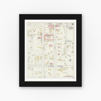 Old map wall art mockup — black gallery frame with white mat — Sanborn Fire Insurance Map from Paris, Lamar County, Texas (1888), Sheet #0003