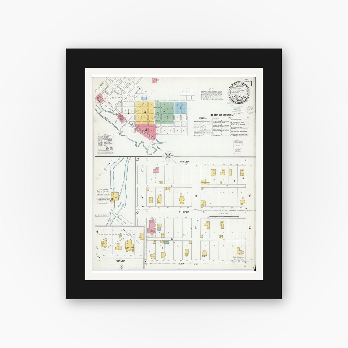 Old map wall art mockup — black gallery frame with white mat — Sanborn Fire Insurance Map from Chatfield, Fillmore And Olmsted Counties, Minnesota (1900) - Complete Map Set