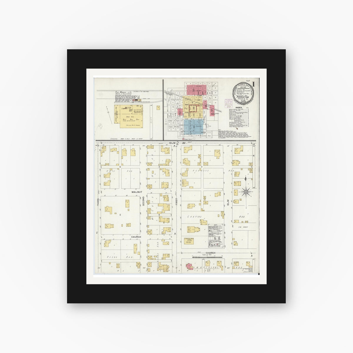 Old map wall art mockup — black gallery frame with white mat — Sanborn Fire Insurance Map from Pierceton, Kosciusko County, Indiana (1901), Sheet #0001
