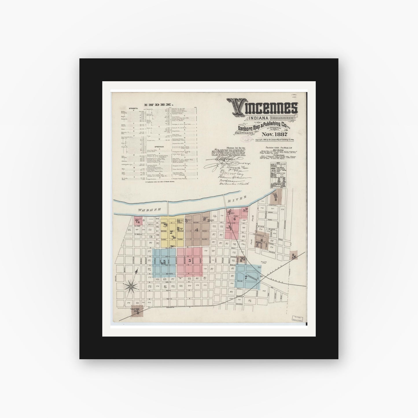 Old map wall art mockup — black gallery frame with white mat — Sanborn Fire Insurance Map from Vincennes, Knox County, Indiana (1887) - Complete Map Set