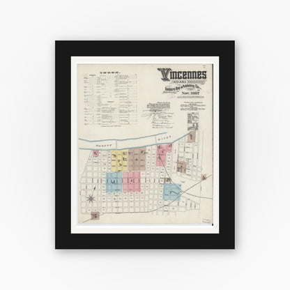 Old map wall art mockup — black gallery frame with white mat — Sanborn Fire Insurance Map from Vincennes, Knox County, Indiana (1887) - Complete Map Set