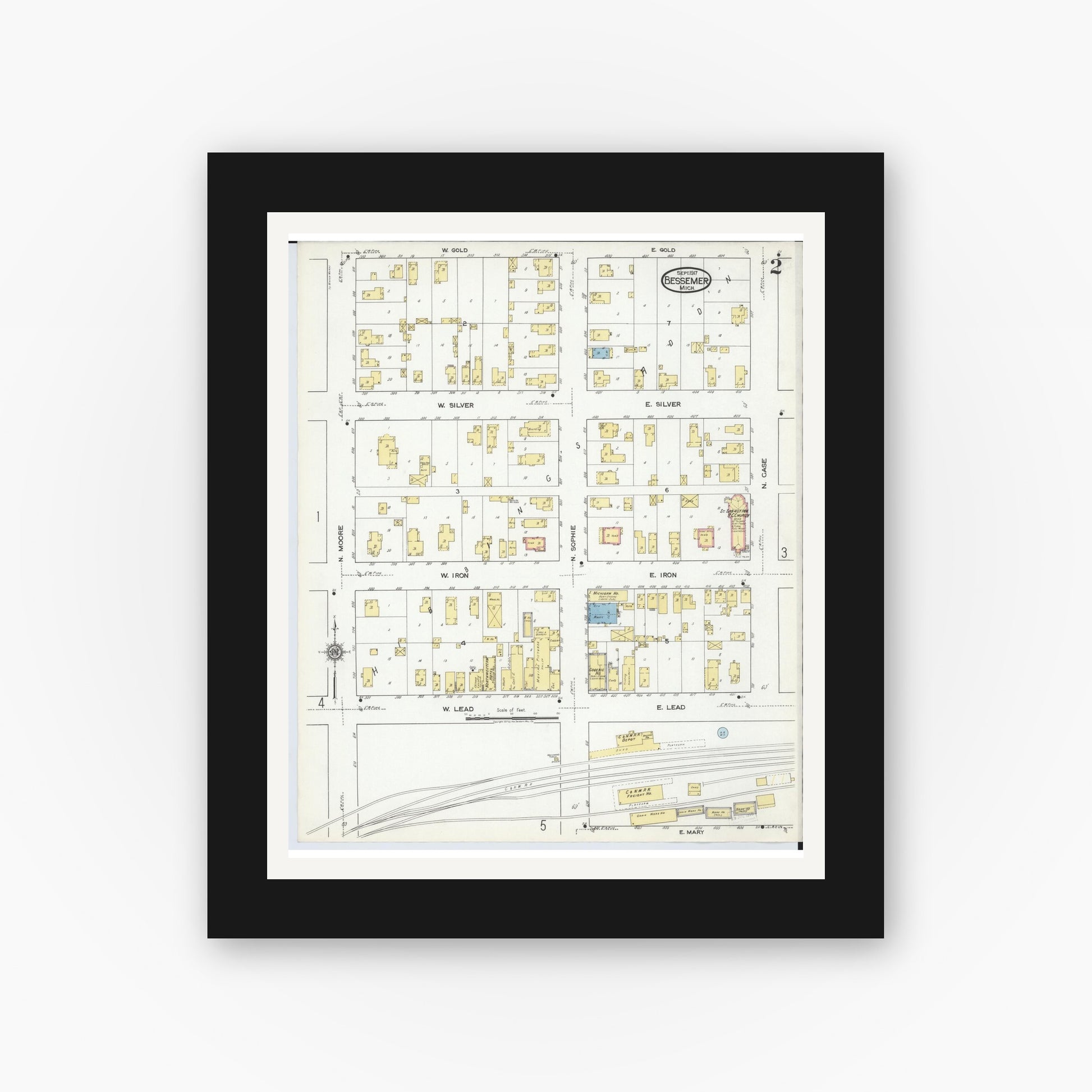 Old map wall art mockup — black gallery frame with white mat — Sanborn Fire Insurance Map from Bessemer, Gogebic County, Michigan (1917), Sheet #0002