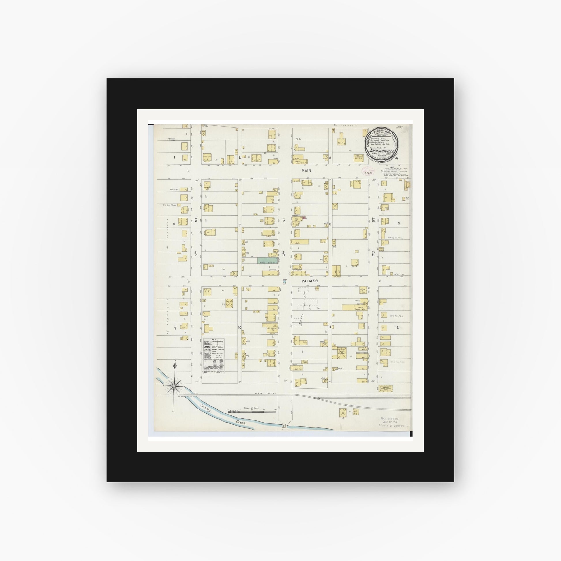 Old map wall art mockup — black gallery frame with white mat — Sanborn Fire Insurance Map from Jacksonville, Athens County, Ohio (1896), Sheet #0001
