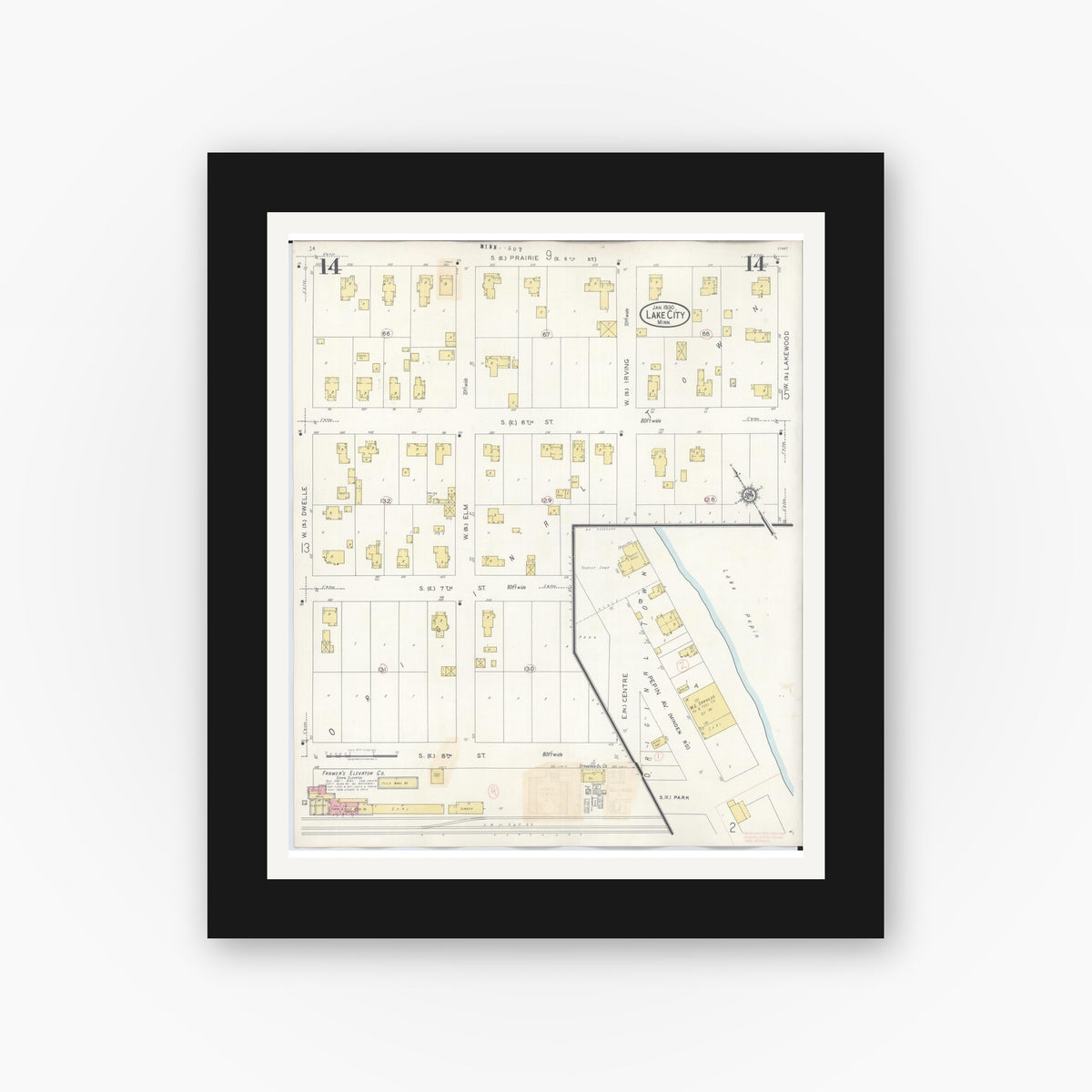 Old map wall art mockup — black gallery frame with white mat — Sanborn Fire Insurance Map from Lake City, Wabasha County, Minnesota (1938), Sheet #0014
