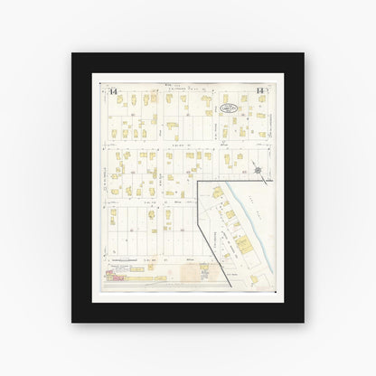 Old map wall art mockup — black gallery frame with white mat — Sanborn Fire Insurance Map from Lake City, Wabasha County, Minnesota (1938), Sheet #0014