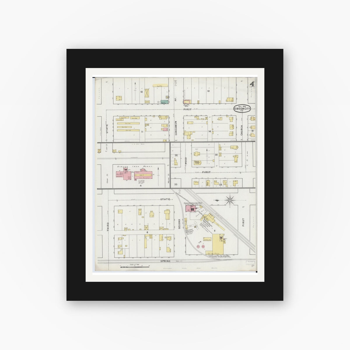 Old map wall art mockup — black gallery frame with white mat — Sanborn Fire Insurance Map from Gibson City, Ford County, Illinois (1894), Sheet #0004