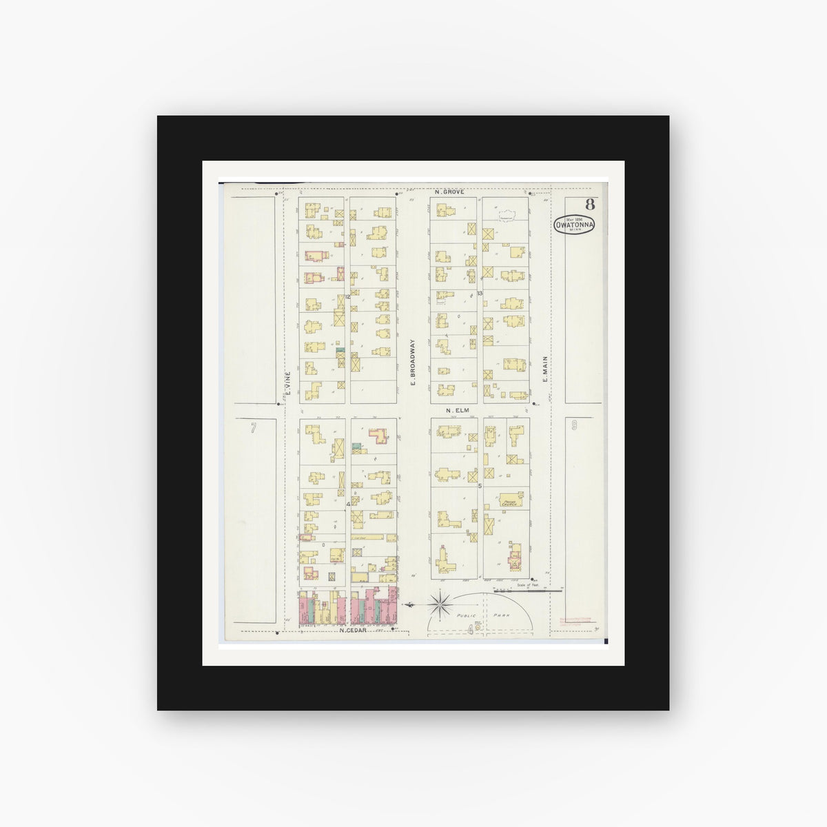 Old map wall art mockup — black gallery frame with white mat — Sanborn Fire Insurance Map from Owatonna, Steele County, Minnesota (1894), Sheet #0008