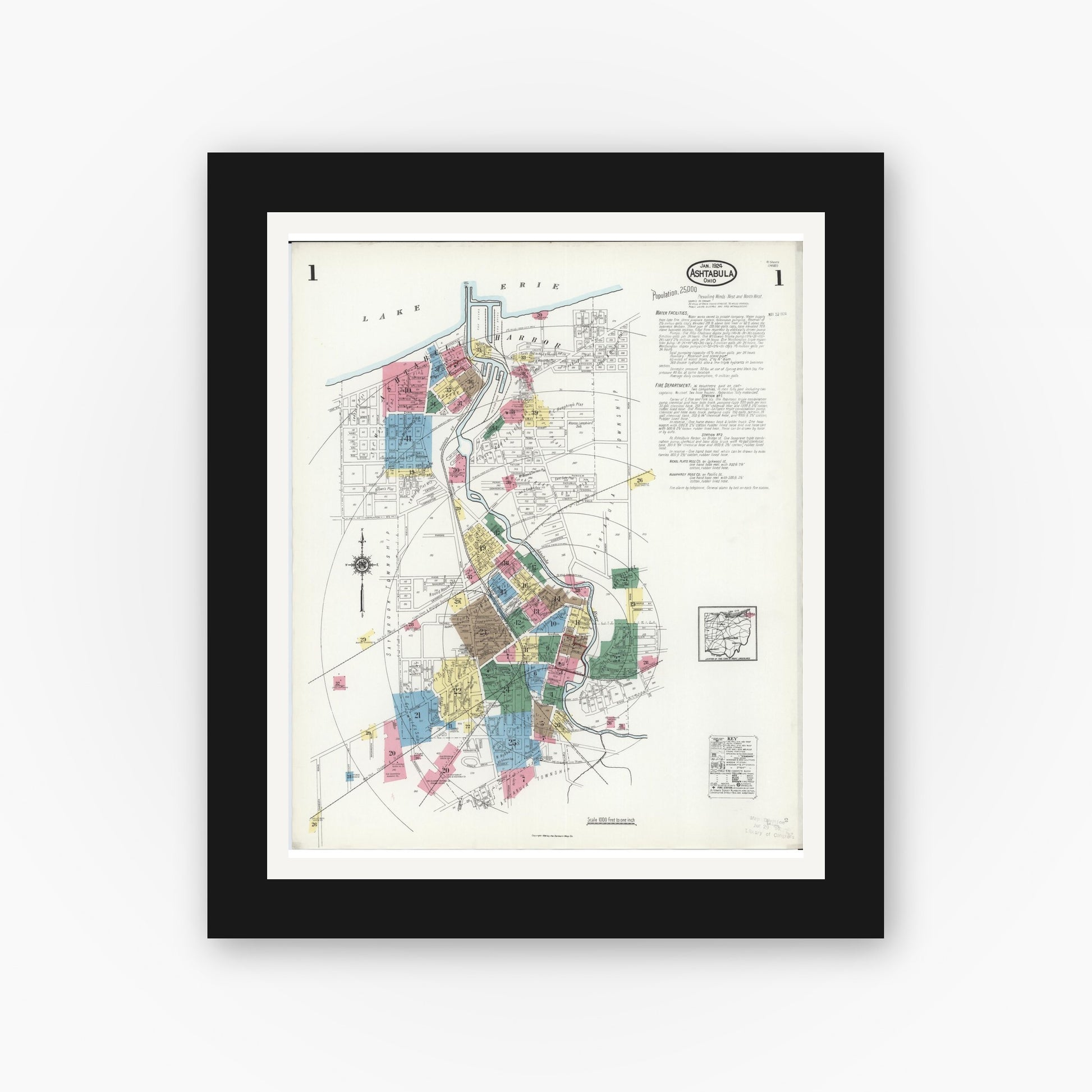 Old map wall art mockup — black gallery frame with white mat — Sanborn Fire Insurance Map from Ashtabula, Ashtabula County, Ohio (1924), Sheet #0001
