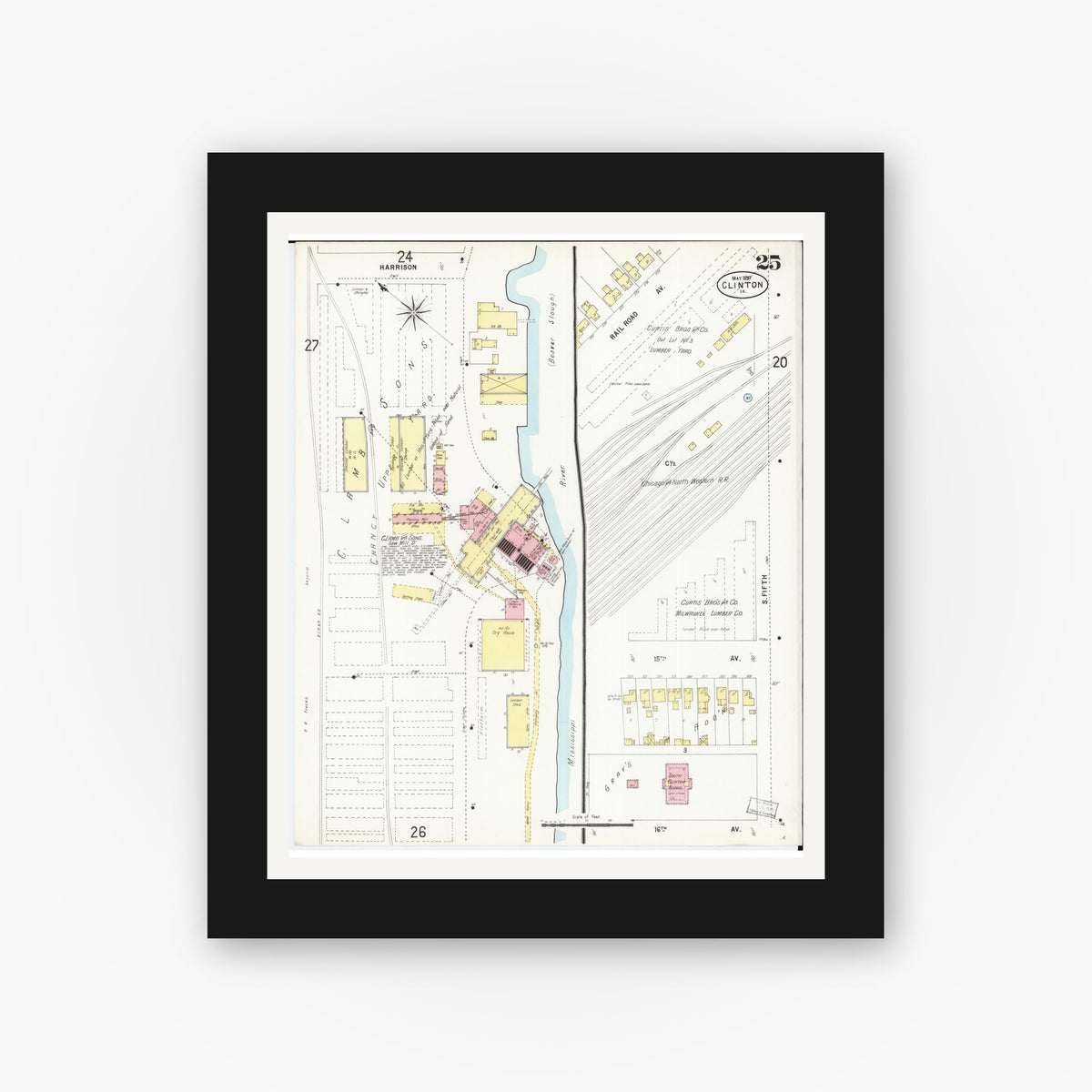 Old map wall art mockup — black gallery frame with white mat — Sanborn Fire Insurance Map from Clinton, Clinton County, Iowa (1897), Sheet #0025