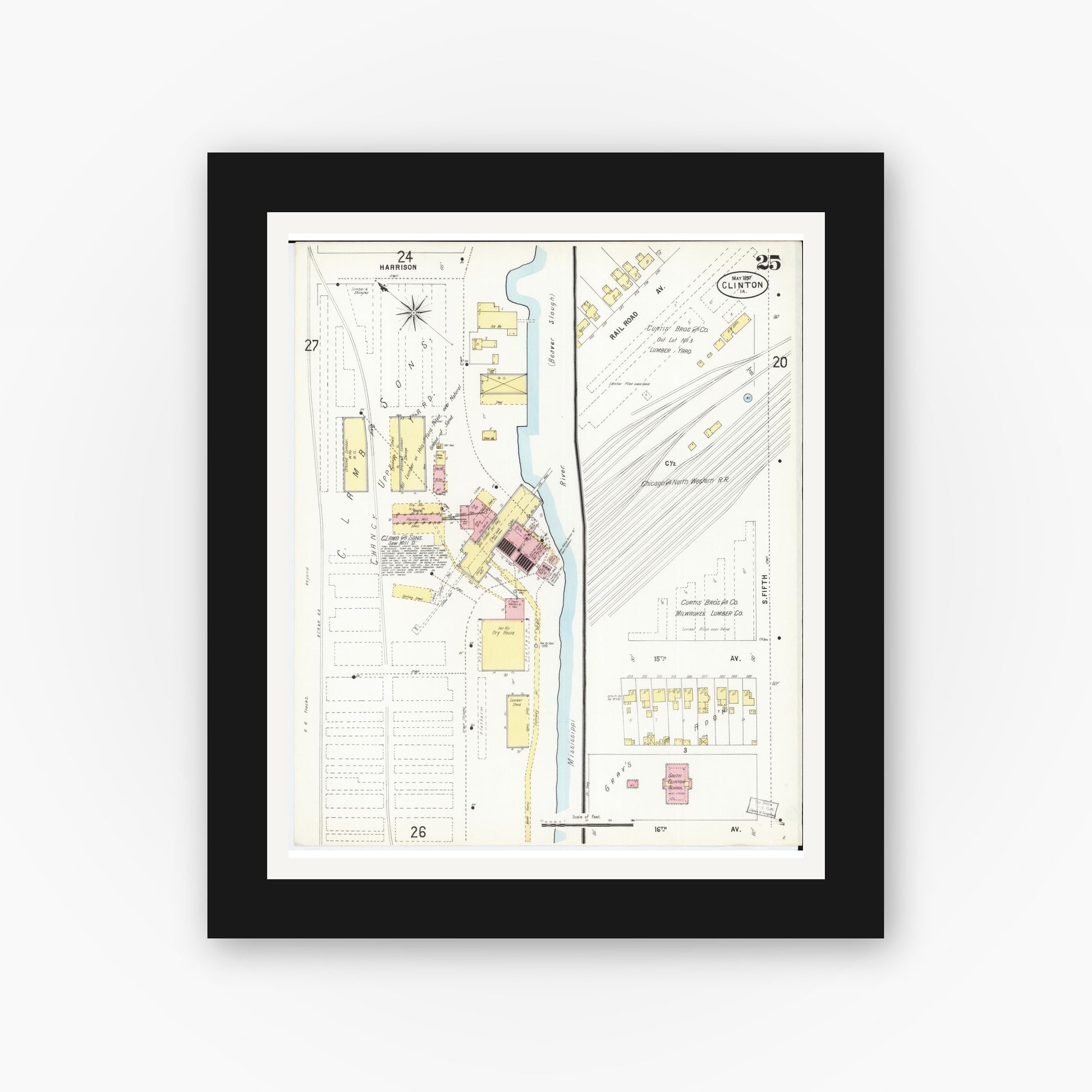 Old map wall art mockup — black gallery frame with white mat — Sanborn Fire Insurance Map from Clinton, Clinton County, Iowa (1897), Sheet #0025