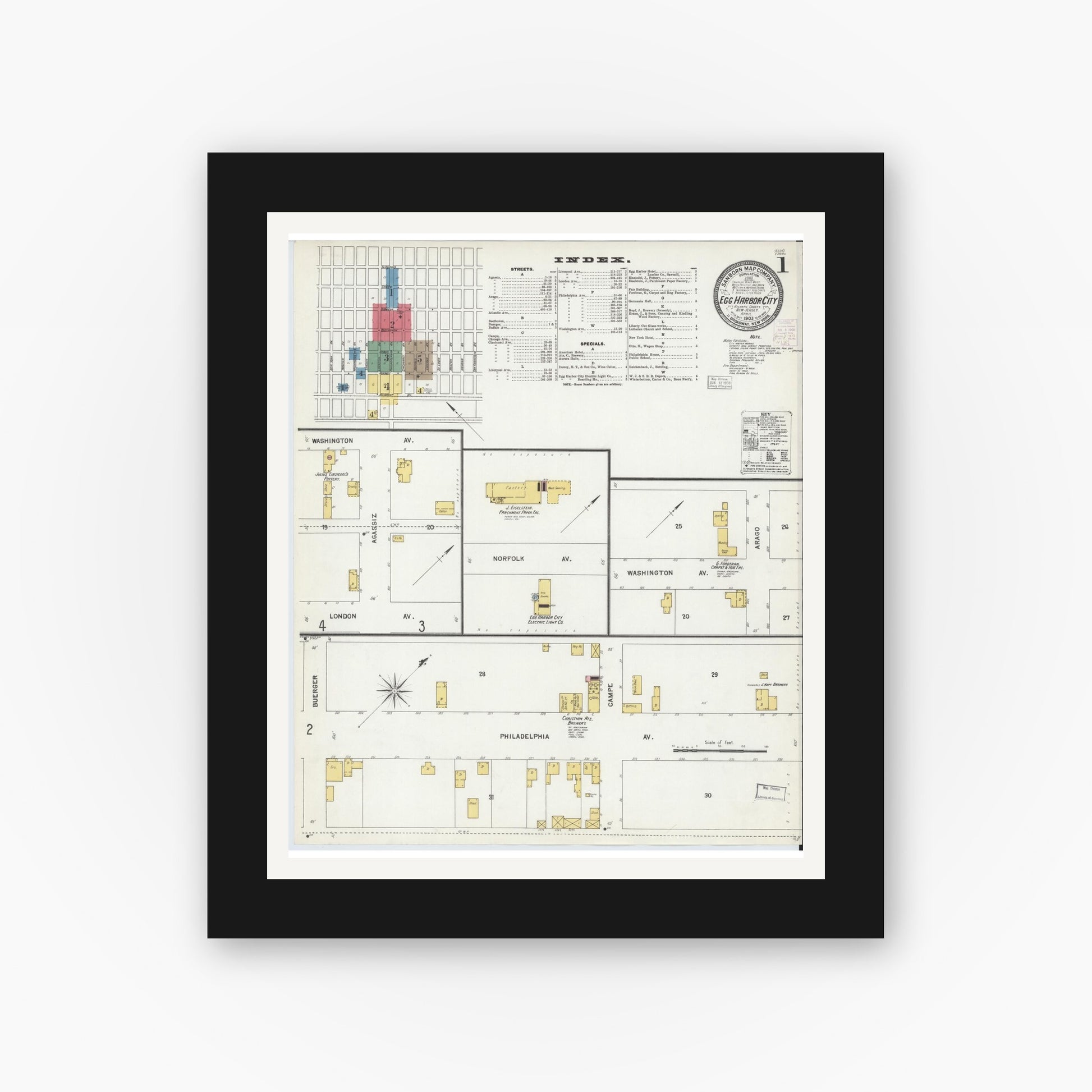 Old map wall art mockup — black gallery frame with white mat — Sanborn Fire Insurance Map from Egg Harbor City, Atlantic County, New Jersey (1903) - Complete Map Set