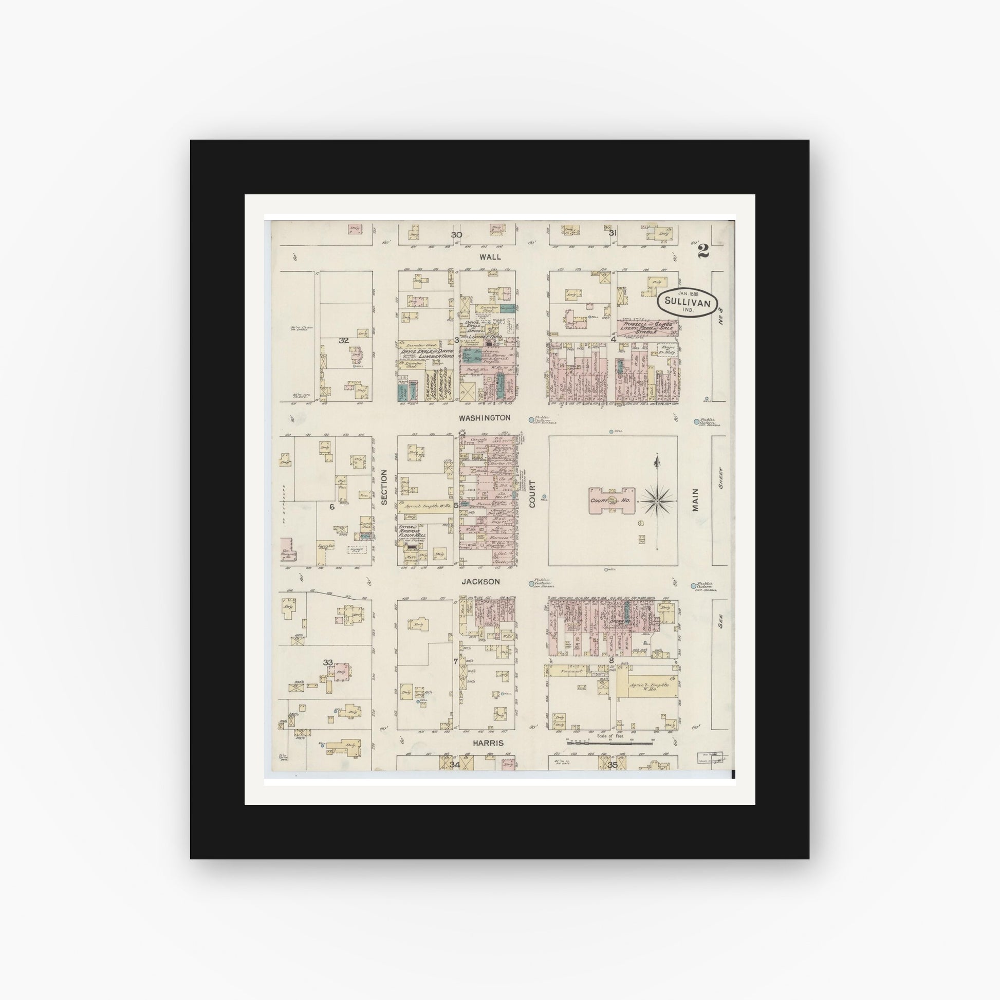 Old map wall art mockup — black gallery frame with white mat — Sanborn Fire Insurance Map from Sullivan, Sullivan County, Indiana (1888), Sheet #0002