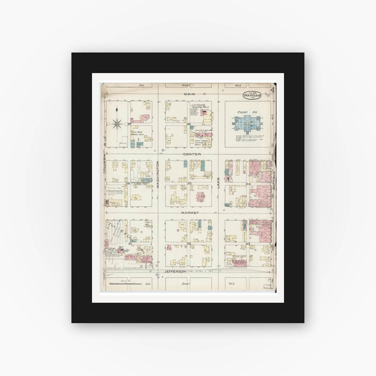 Old map wall art mockup — black gallery frame with white mat — Sanborn Fire Insurance Map from Warsaw, Kosciusko County, Indiana (1886), Sheet #0004